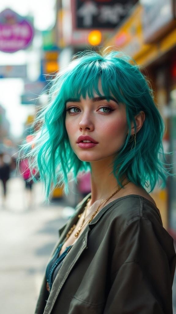 A woman with bright teal hair, showcasing a fun and vibrant hairstyle.