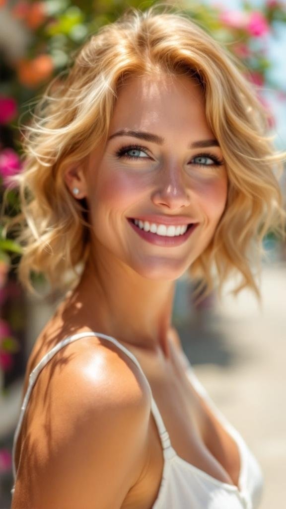 A woman with classic strawberry blonde hair, smiling in a sunny outdoor setting.