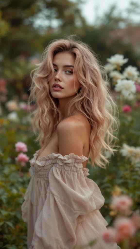 A woman with dusty rose hair standing among flowers, showcasing a soft and feminine look.