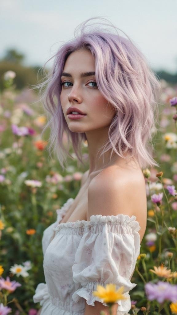 A woman with muted lavender hair standing in a field of flowers.