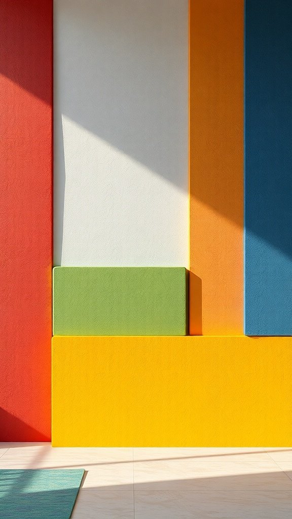 A wall featuring vibrant color blocks in red, green, yellow, orange, white, and blue.