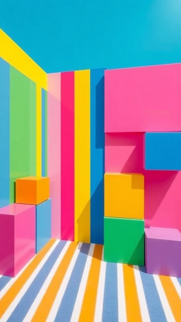 A vibrant room with colorful stripes and blocks in pink, blue, yellow, green, and orange.