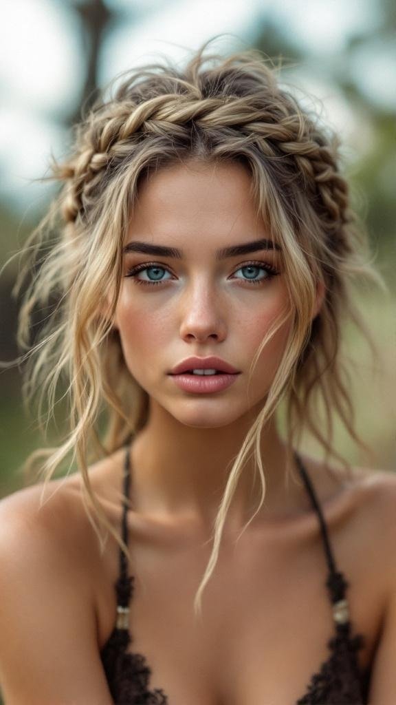 A woman with a messy braided crown hairstyle, featuring loose strands and a relaxed look.