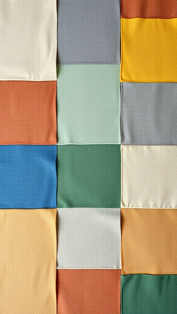 A patchwork of textured fabric color blocks in various colors including orange, green, yellow, and blue.