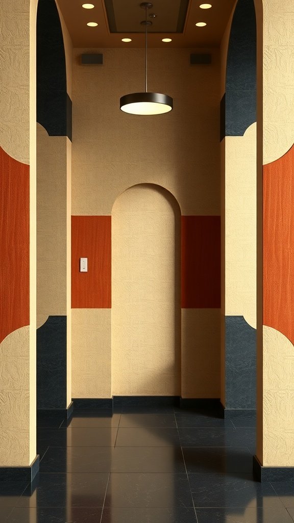 Interior hallway featuring Art Deco color block design with bold shapes and rich colors.