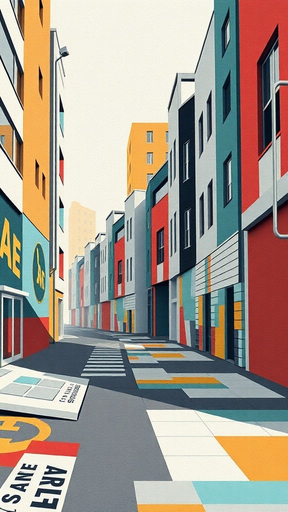 A modern urban street scene with colorful buildings and geometric patterns.