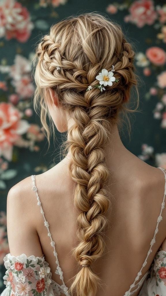 A beautiful fishtail crown braid hairstyle adorned with flowers.