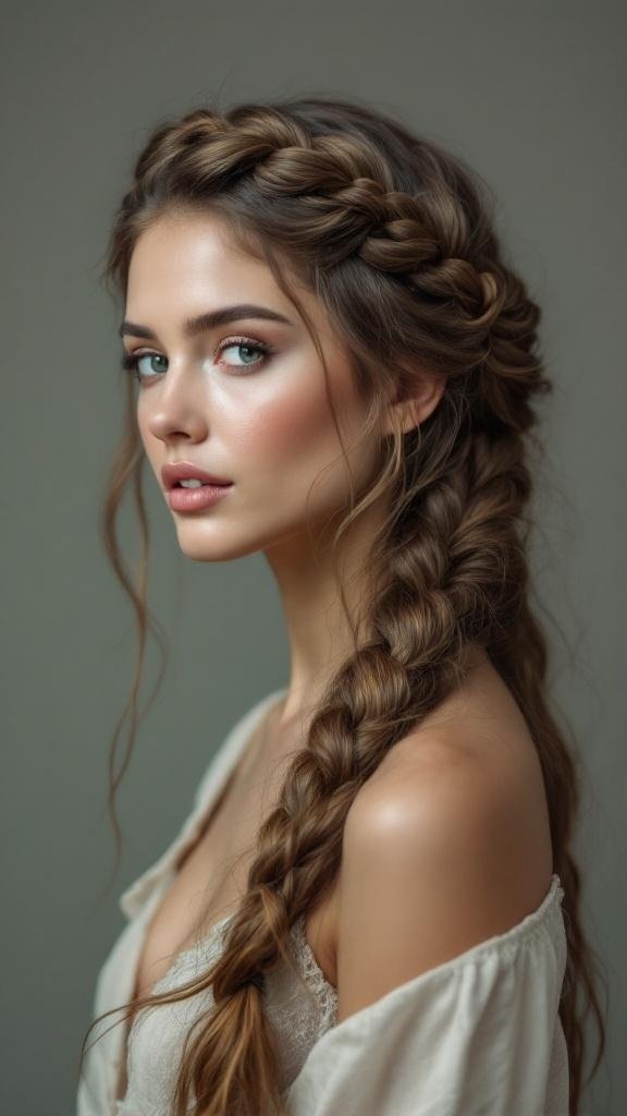 A woman with a waterfall braided crown hairstyle, showcasing intricate braids and soft waves.