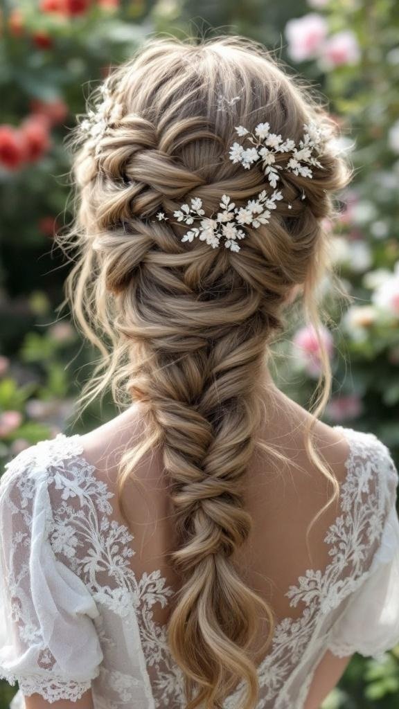 A beautiful lace braid crown hairstyle adorned with small white flowers.
