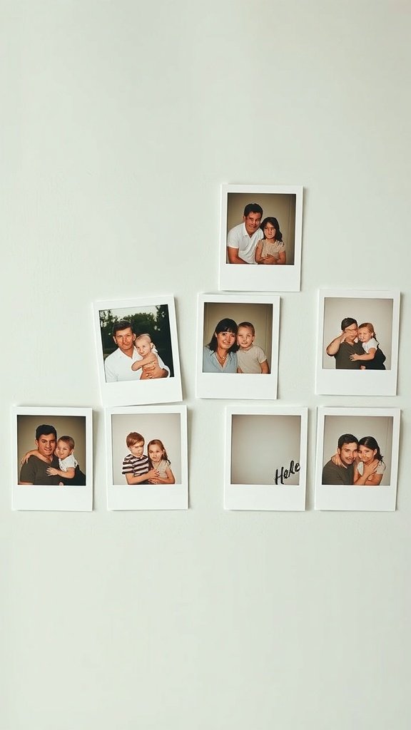 A collection of Polaroid photos showcasing family moments on a wall.