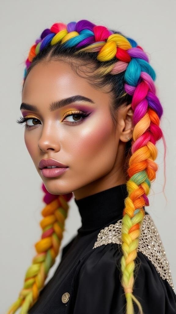 A woman with colorful braided crown hairstyle featuring bright pink, blue, and yellow braids.