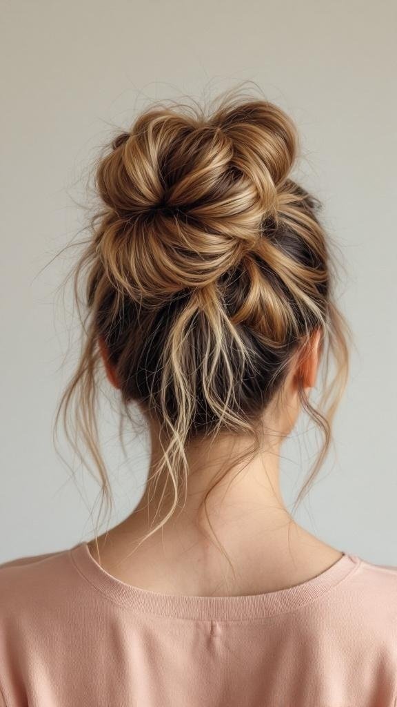 A woman with a stylish sock bun hairstyle, showcasing heatless curls.