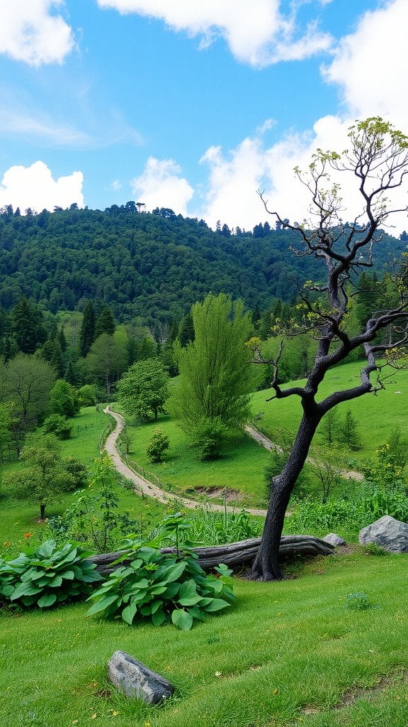 A scenic view of a green landscape with a winding path and a tree.
