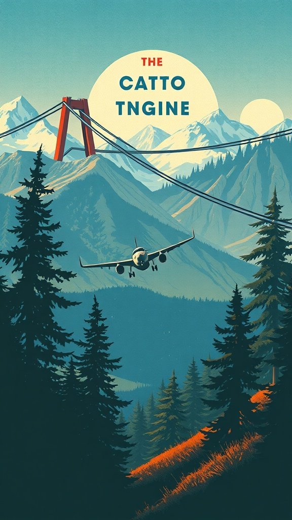 Colorful vintage travel poster featuring an airplane flying over mountains and trees.