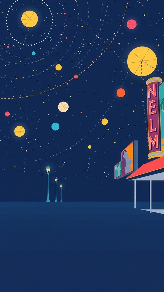 Colorful retro film festival wallpaper with stars and glowing lights.