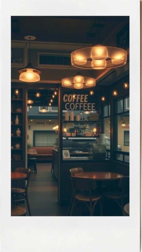 Cozy coffee shop interior with warm lighting and wooden furniture