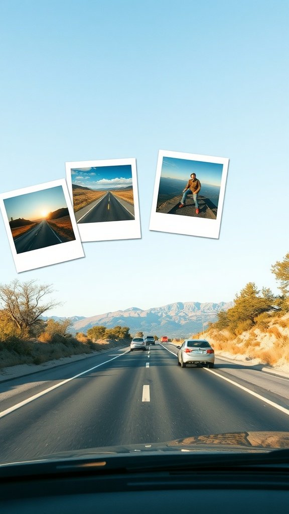 A scenic road with Polaroid photos of road trip memories overlaying the image.