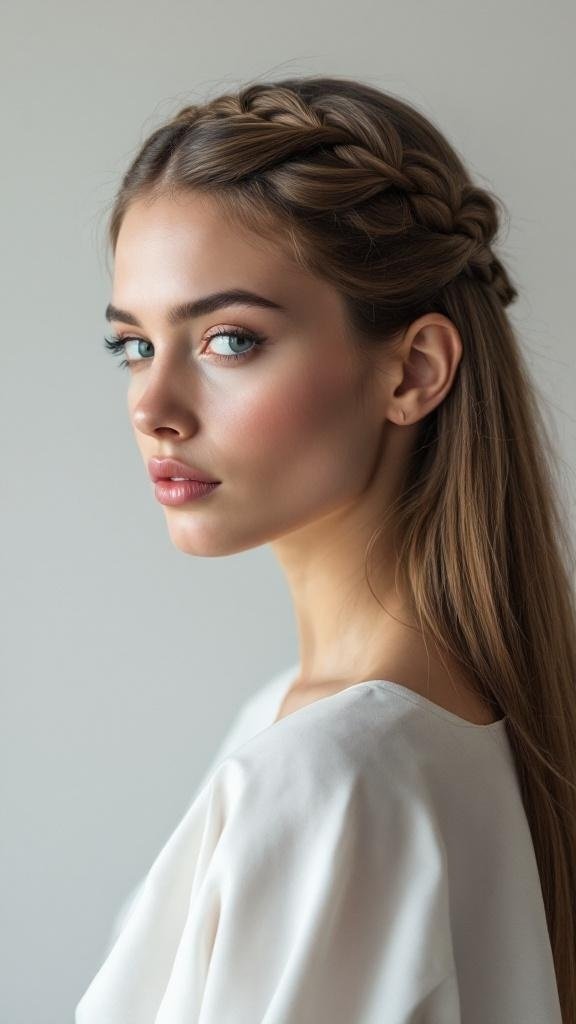 A woman with a sleek braided crown hairstyle, showcasing her elegant look.