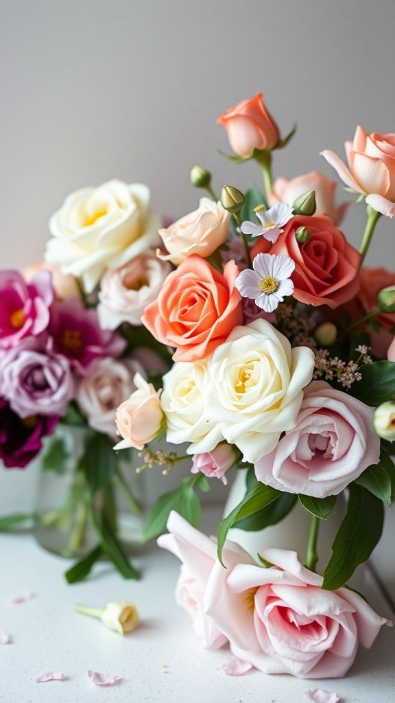 A beautiful arrangement of pastel-colored roses and flowers.