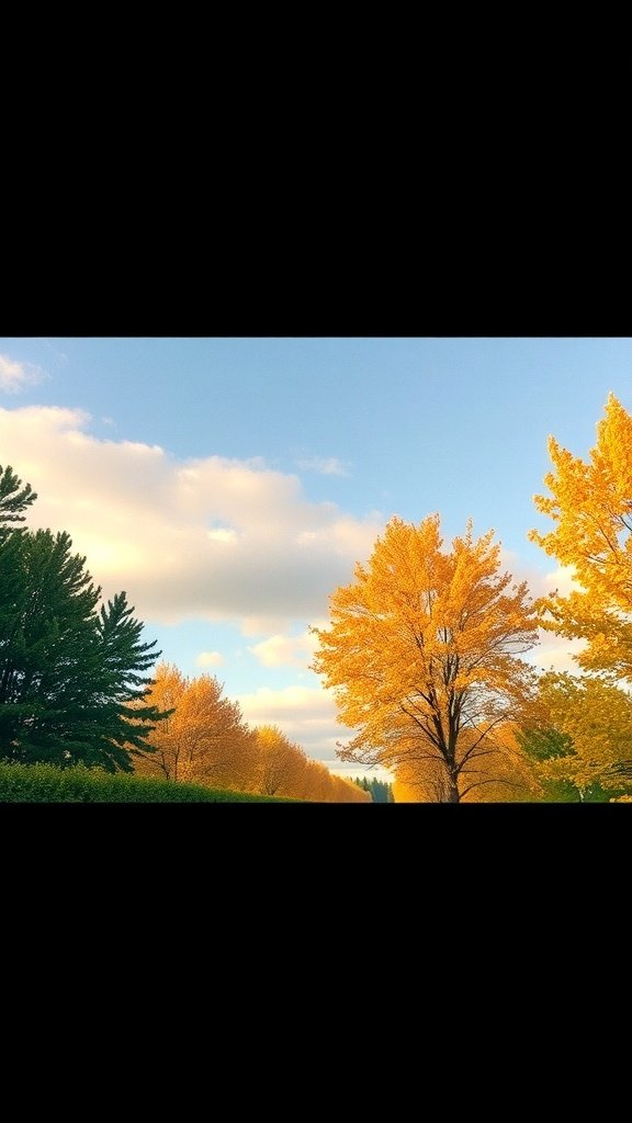 A scenic view of trees with golden leaves under a blue sky.