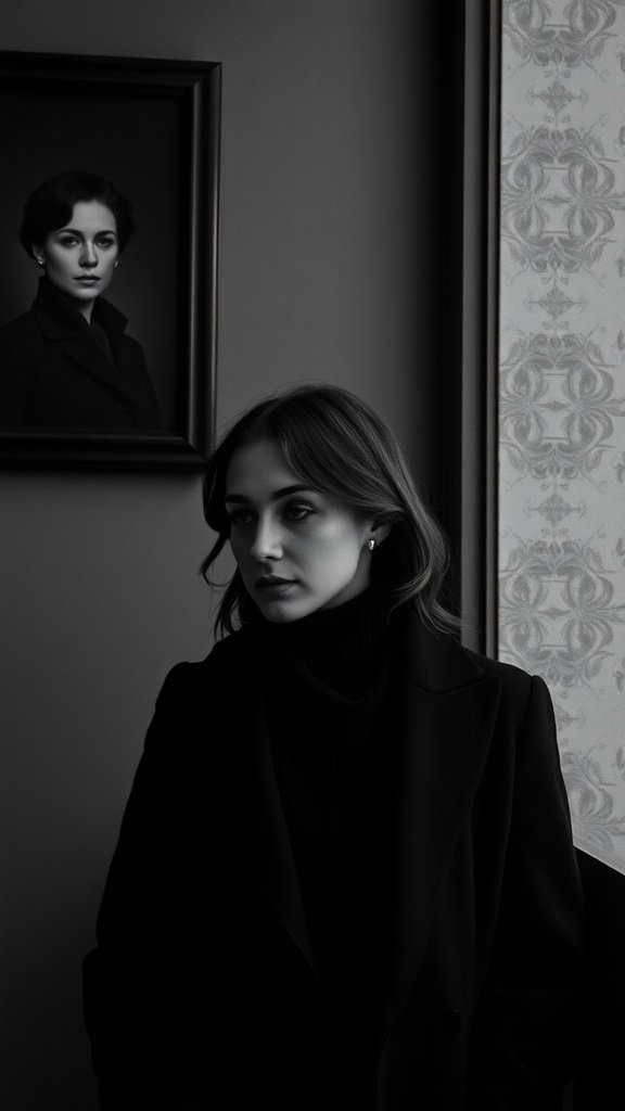 A black and white portrait of a woman with a vintage frame in the background.