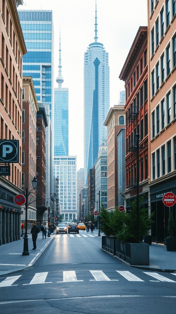 A city street lined with tall buildings and a clear sky.