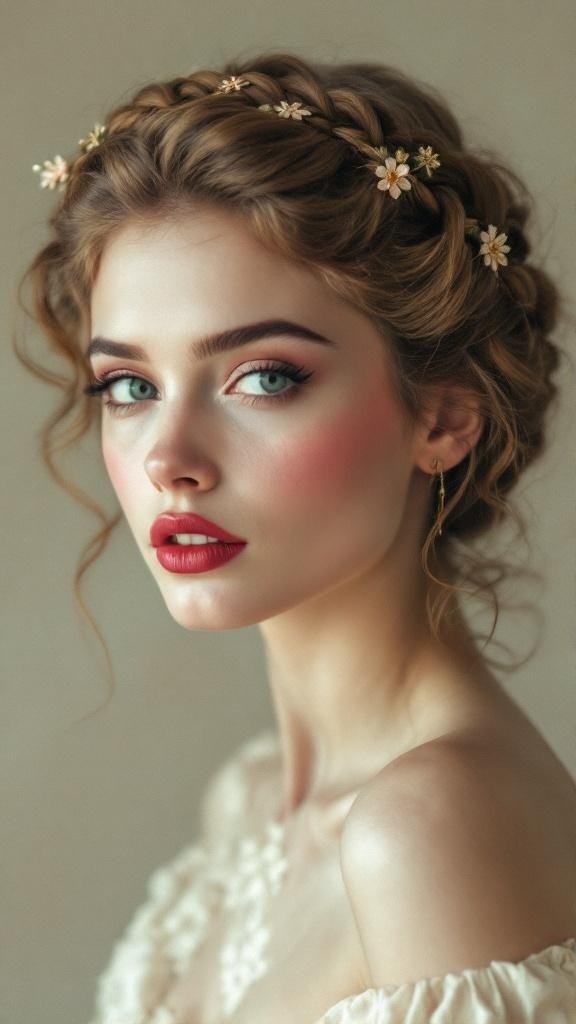 A woman with a vintage inspired braided crown hairstyle, featuring delicate braids and flowers.