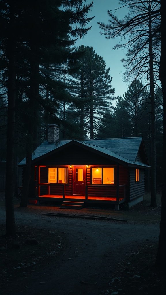 A rustic cabin in the woods with warm lights glowing from the windows.