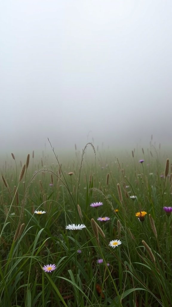 A foggy meadow with colorful wildflowers and tall grass.