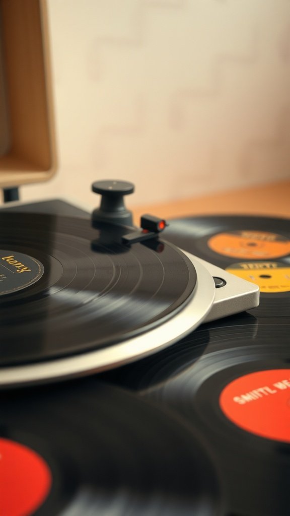 A turntable with vinyl records, showcasing a vintage music aesthetic.