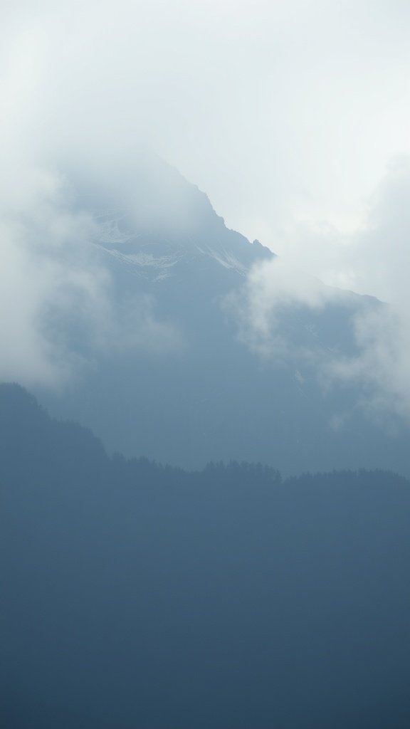 Misty mountain peaks shrouded in clouds
