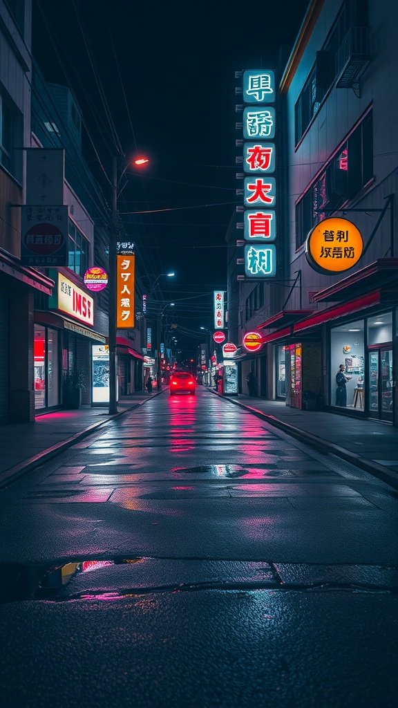 A street scene at night with neon signs reflecting on wet pavement.