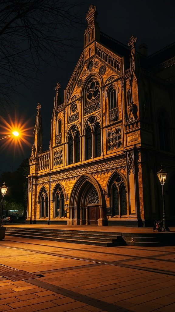 Gothic architecture illuminated at night with shadows and street lamps.