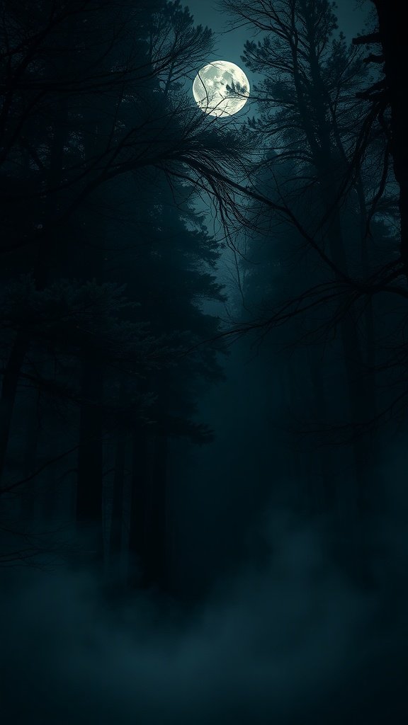 A dark forest with a full moon shining through the trees, creating a mystical atmosphere.
