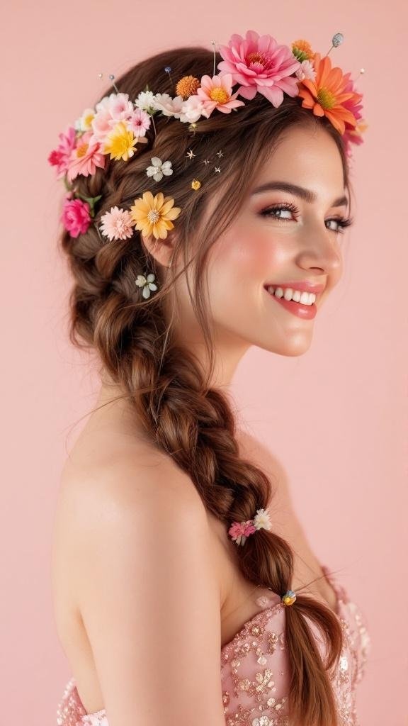 A woman with a crown braid adorned with colorful flowers and hair accessories.