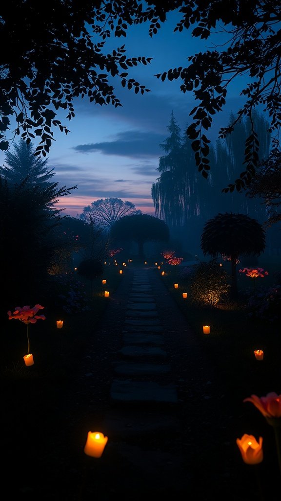 A serene garden path illuminated by candles at dusk, surrounded by flowers and trees.