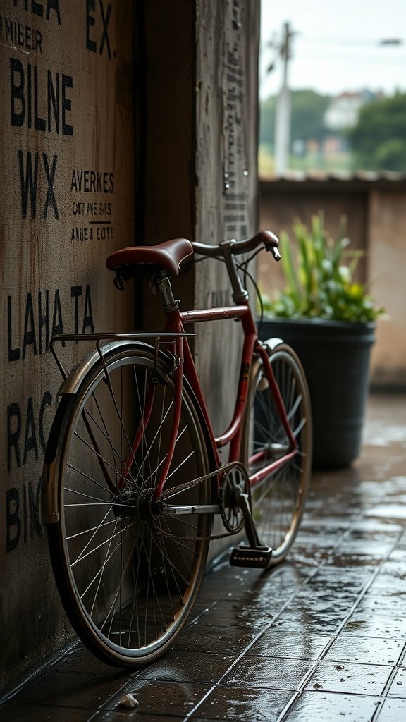 A rusty bicycle leaning against a wall on a rainy day, with reflections on the wet ground.