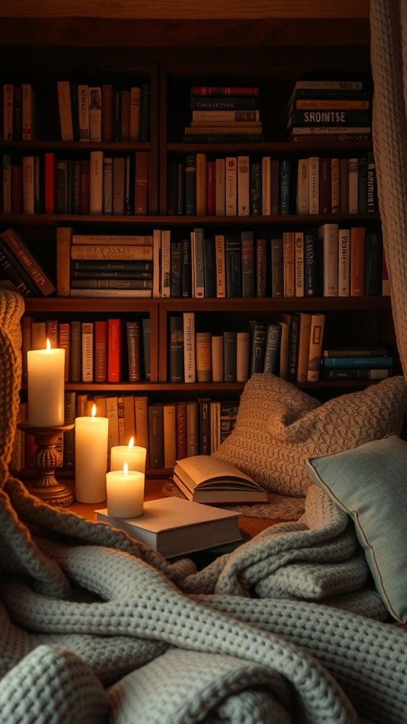 A cozy reading nook with candles, books, and a soft blanket.