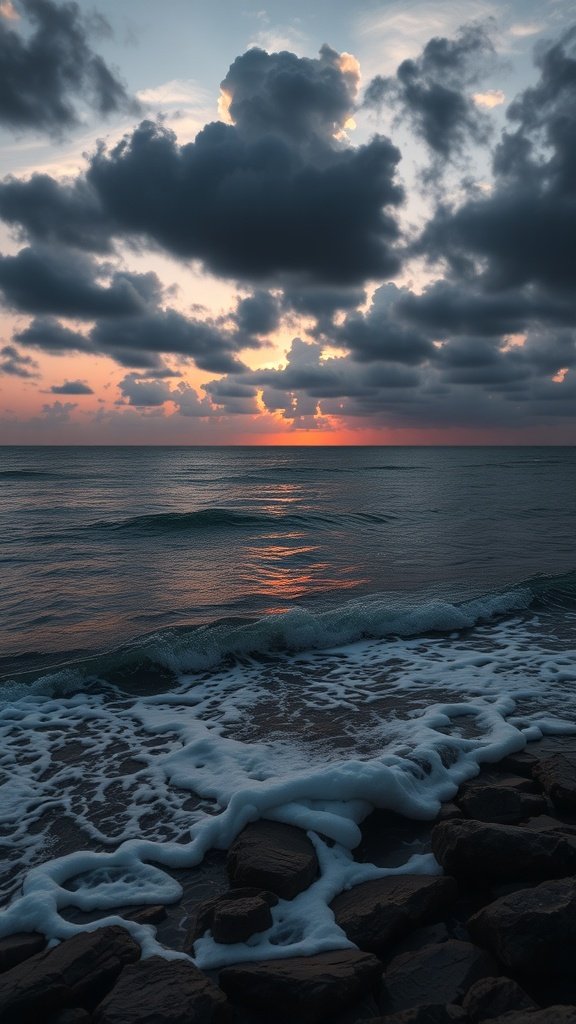 A serene view of ocean waves gently lapping against rocks at sunset, with a cloudy sky.