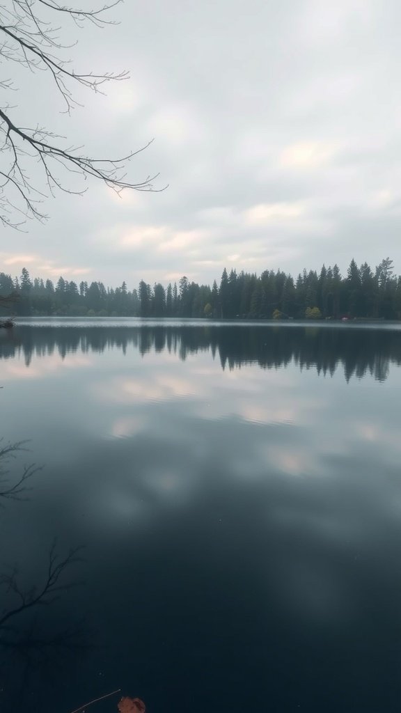 A serene lakeside view with calm water reflecting the cloudy sky and surrounding trees.