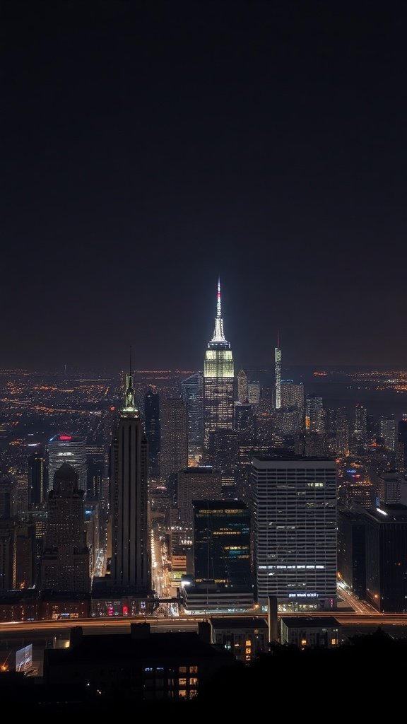 A stunning view of a city skyline at night, illuminated by bright lights.
