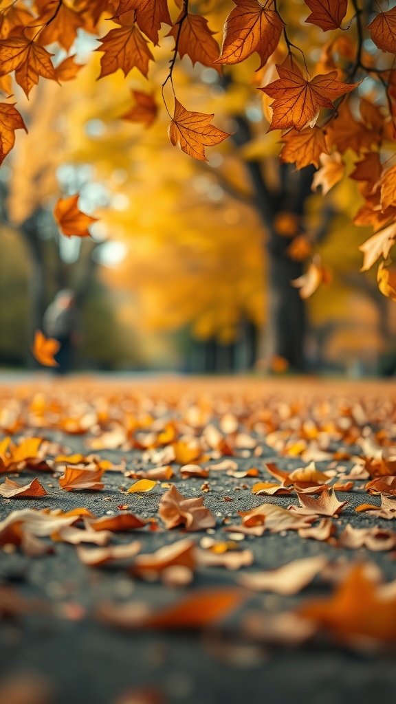 Fallen autumn leaves on the ground with trees in the background.