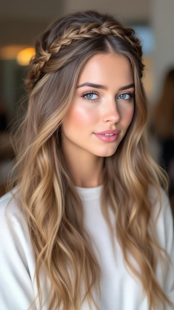 A woman with a half-up braided crown hairstyle, featuring long, wavy hair and a natural makeup look.