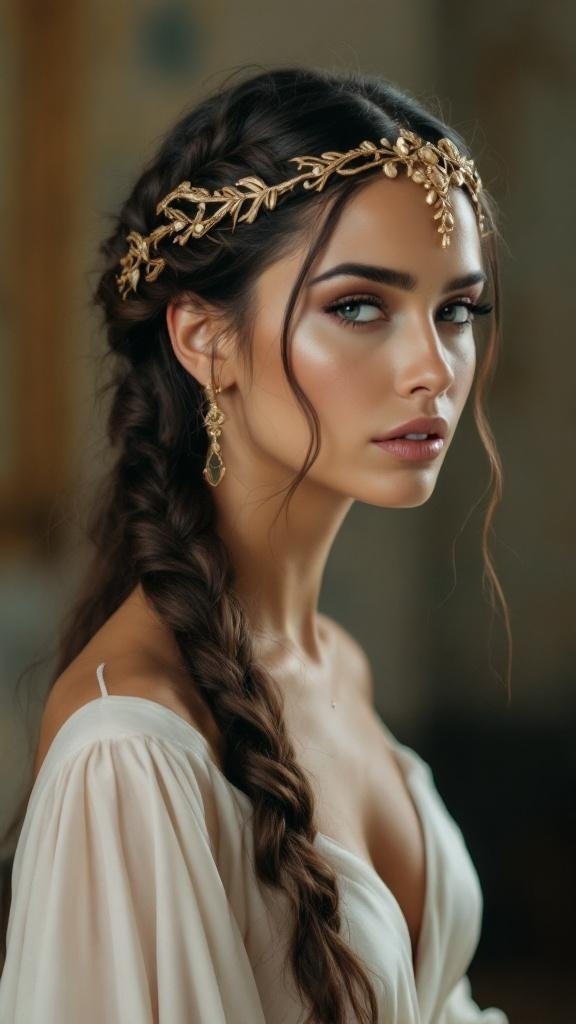 A woman with a braided crown hairstyle, wearing a white dress and gold accessories.