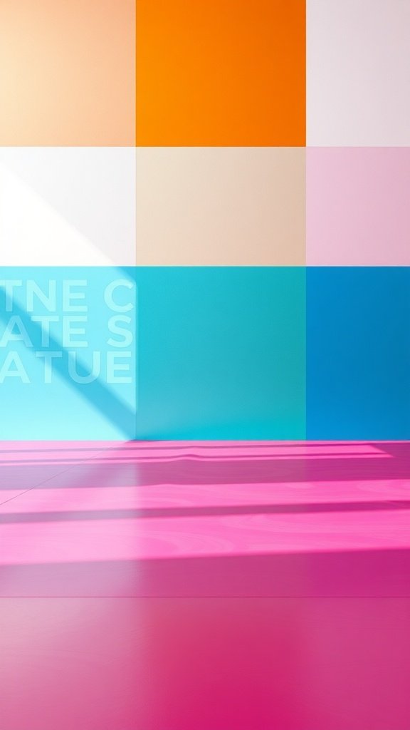 Colorful geometric patterns on a wall with a pink floor.