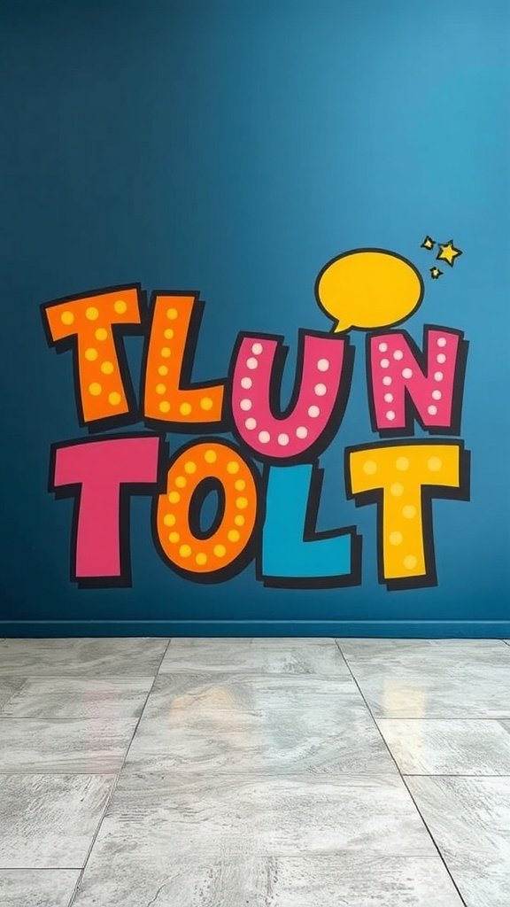 Playful comic book style letters on a blue wall.