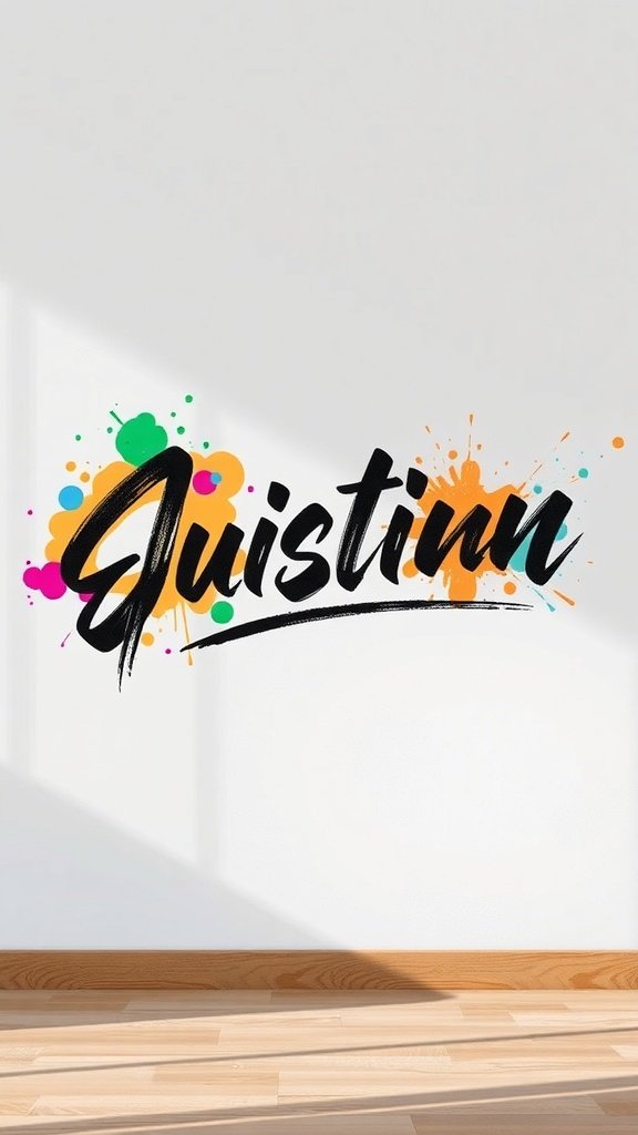 Bold brush script design with colorful splashes on a wall.