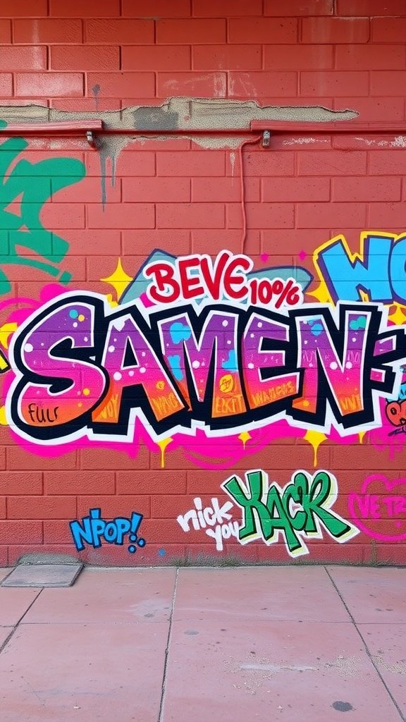 Colorful 90s graffiti style wallpaper featuring bold lettering and playful designs.