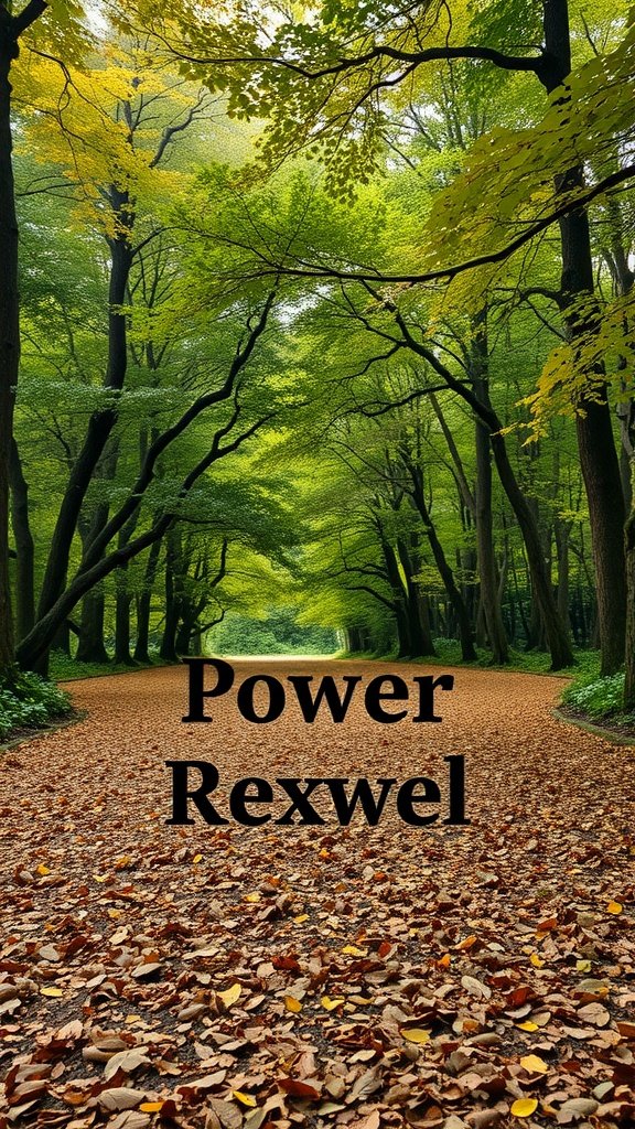 A serene forest path with autumn leaves and the text 'Power Rexwel' overlaying the image.