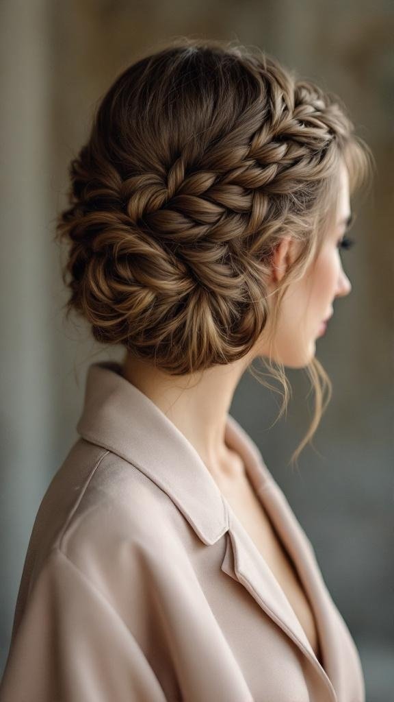 A woman with a braided crown hairstyle, showcasing an elegant updo.